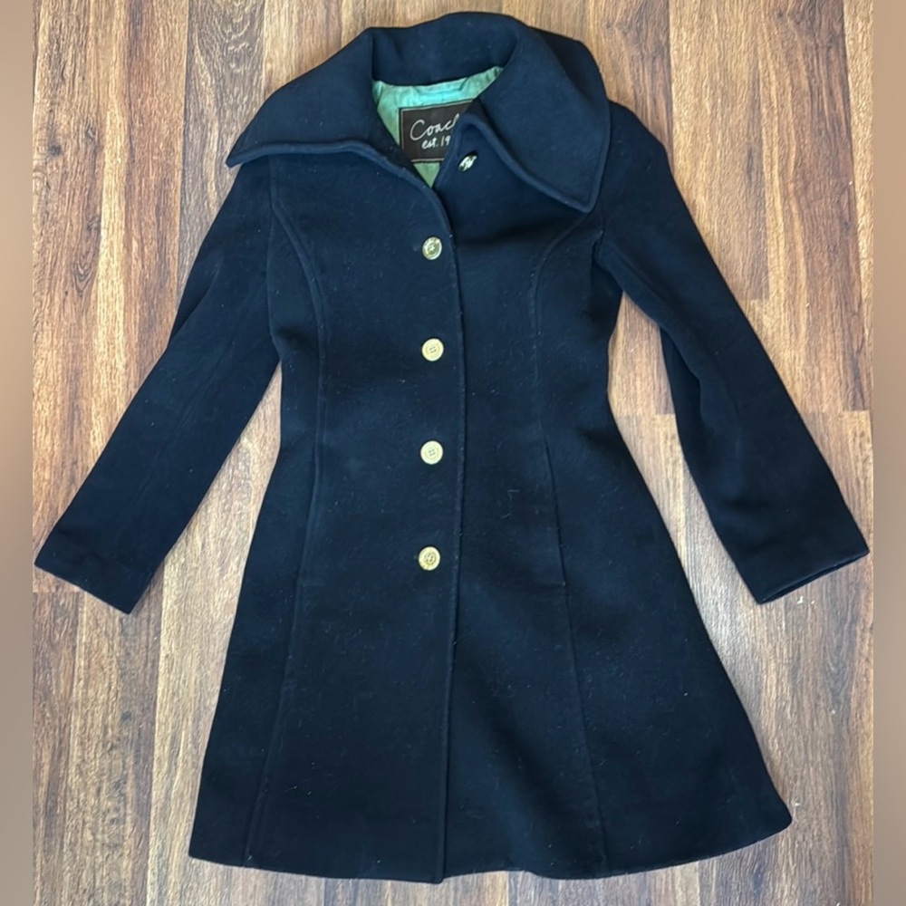 Coach:Black Wool/Angora/Nylon Blend Green Signature Lining Gold button Pea Coat